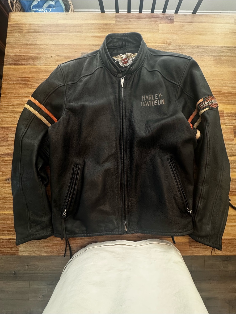 Harley-Davidson Black Leather Bomber Jacket with Orange and Tan Stripes